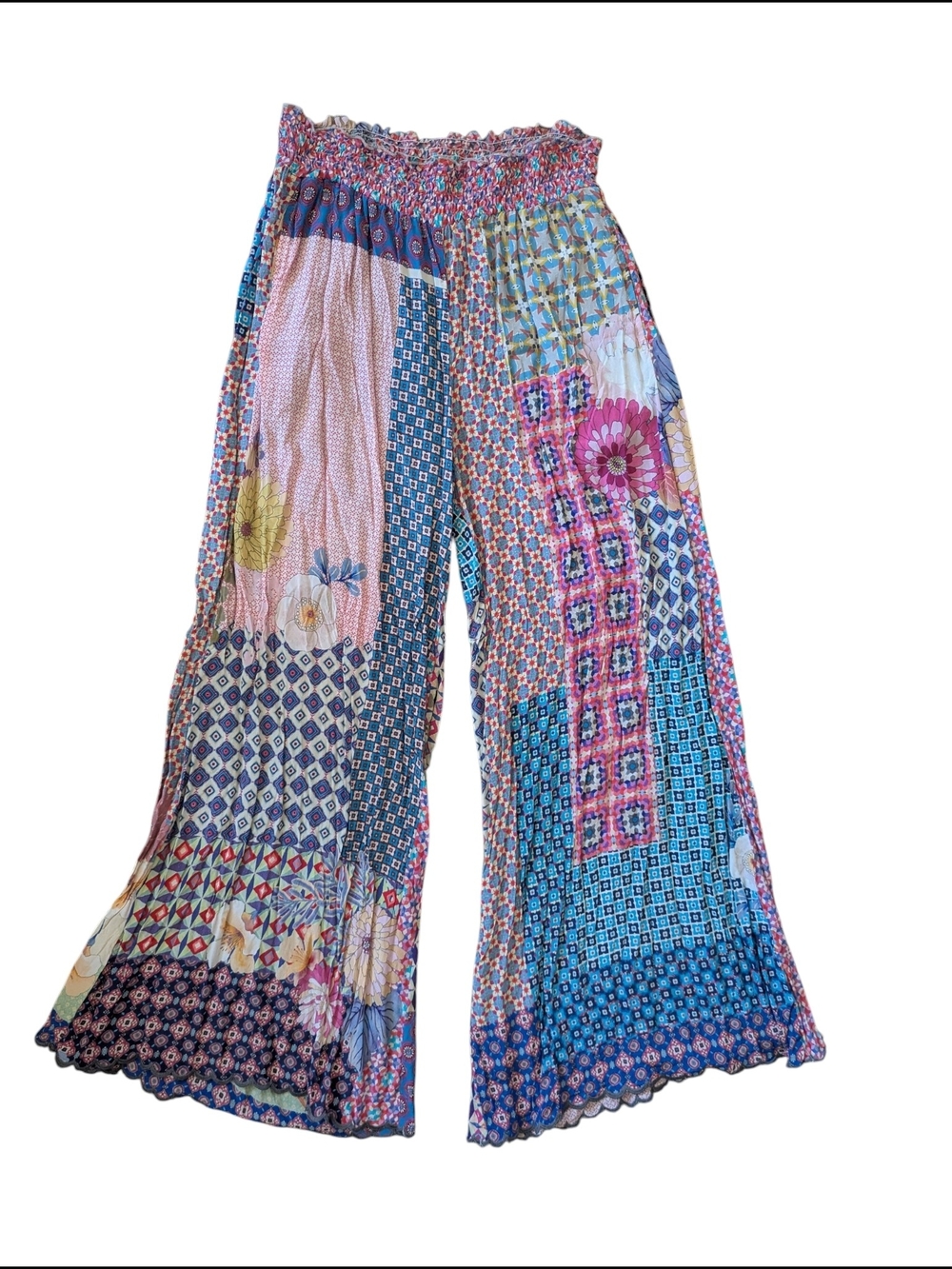 Johnny Was Patchwork Wide-Leg Pants in Blue & Pink - Picture 8 of 10